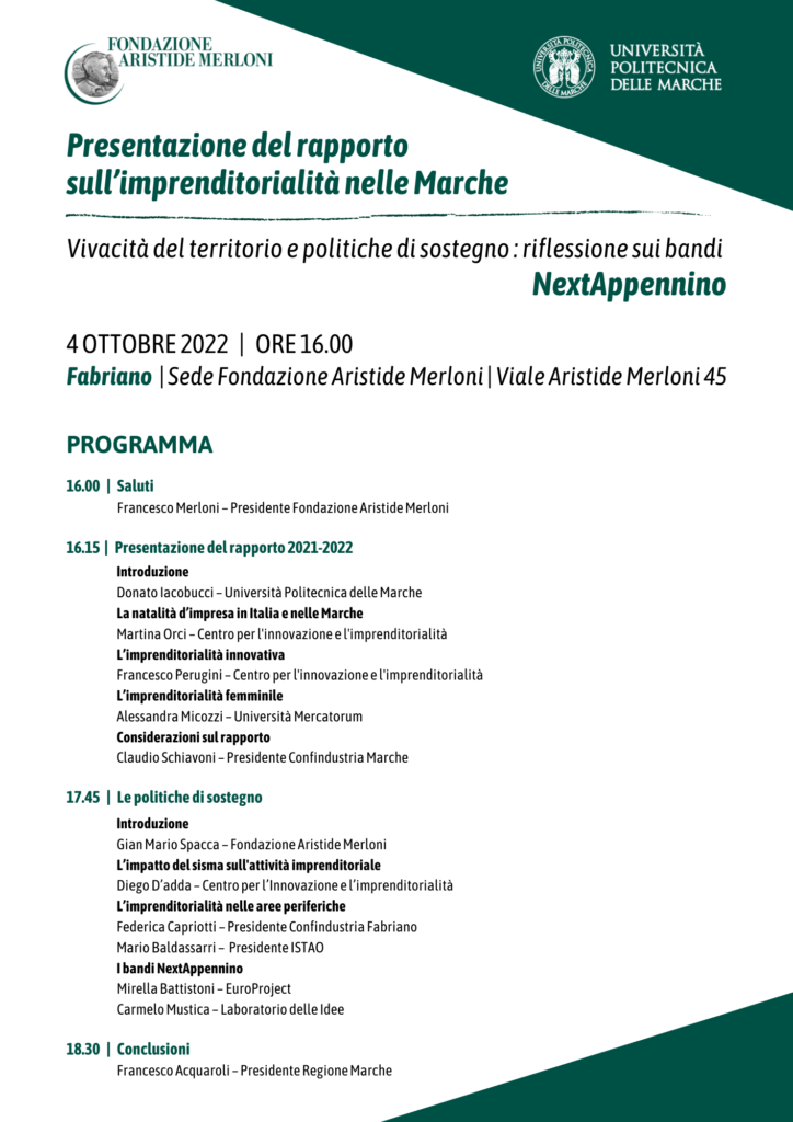 Presentazione del Rapporto sull’imprenditorialità nelle Marche | Bandi Next Appennino